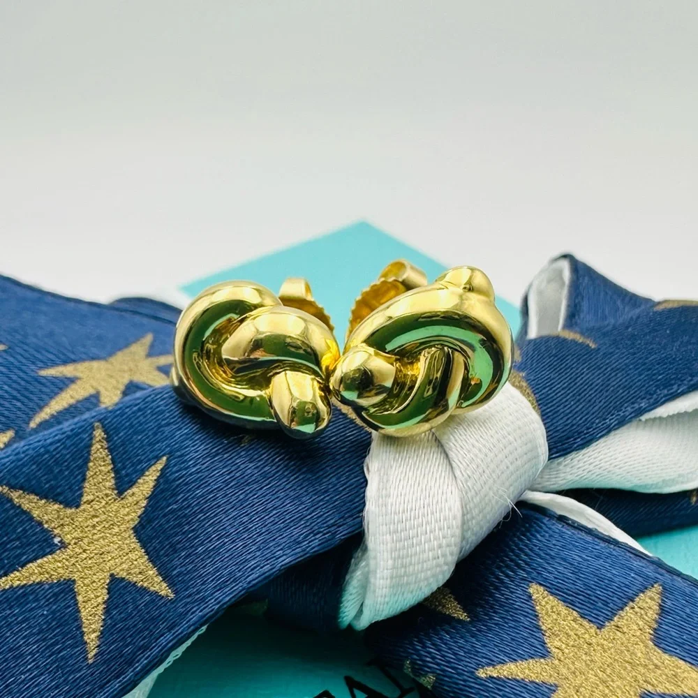 RARE Tiffany & Co. 18K Yellow Gold Twist Knot Pretzel Earrings Vintage with Box